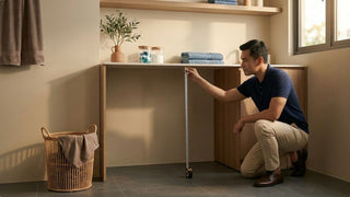 Man measuring a washing machine space in a compact Singapore laundry corner