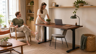 120cm x 70cm wooden adjustable desk in a warm modern Singapore home office for everyday work-from-home use