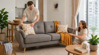 Grey 2 seater sofa in a bright Singapore condo living room with a couple arranging cushions for a practical home setup