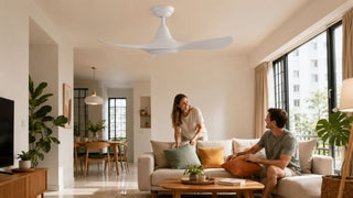White 72 inch ceiling fan in a bright modern Singapore living room with a relaxed family seating area