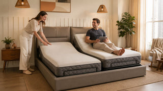 White couple using an adjustable bed frame in a modern Singapore bedroom with warm neutral styling.