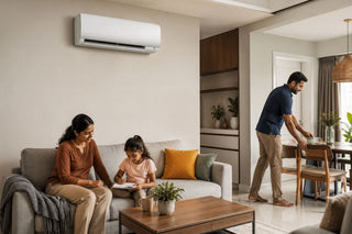 White wall-mounted air conditioner in a warm modern Singapore living room with a relaxed couple and practical home styling