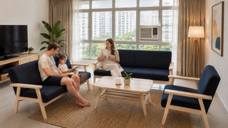 Navy wooden-frame sofa set in a bright Singapore living room with a window aircon and relaxed family seating.