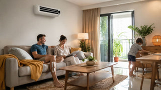 Wall-mounted aircon fan cooling a modern Singapore living room with a relaxed family setting