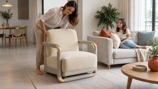 Cream armchair in a modern Singapore living room with a family arranging the space before guests arrive.