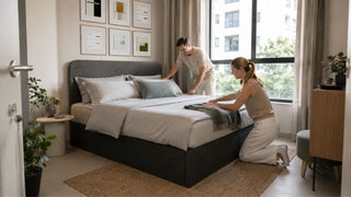 White couple arranging a bamboo mattress on a charcoal storage bed in a compact modern Singapore bedroom