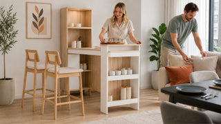 Modern bar counter with storage in a Singapore home prepared for housewarming guests