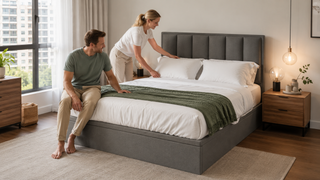 Grey upholstered storage bed with white bedding in a modern Singapore apartment bedroom, styled for practical bed and mattress buying guidance.
