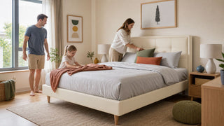 Cream upholstered bed in a bright modern Singapore bedroom with a family arranging bedding and checking room space.