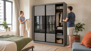 Grey sliding wardrobe in a modern Singapore bedroom with organised clothes and clear walking space