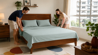 White couple making a bed with light blue bedsheets in a bright modern Singapore bedroom.