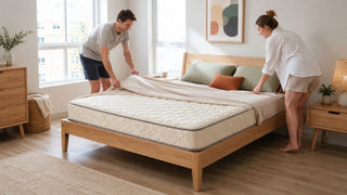White couple arranging a bedsheet on a wooden bed with quilted mattress in a bright Singapore condo bedroom