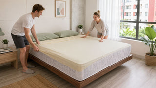 Couple fitting a cream bedsheet on a wooden platform bed in a bright Singapore bedroom