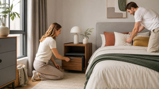 Modern bedside storage table in a Singapore bedroom, with a couple organising the drawer and bedding for a tidy everyday home setup.