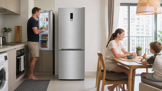 Modern silver bottom-freezer fridge in a bright Singapore kitchen-dining area with a family using the space naturally.
