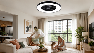 Modern bladeless ceiling fan in a bright Singapore family condo living room with practical neutral furnishings and warm decor.