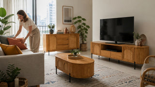 Bohemian condo living room with MegaFurniture wooden TV console, sideboard, and coffee table in a modern Singapore home