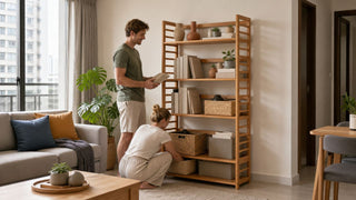 Wooden bookshelf cabinet with storage baskets in a modern Singapore HDB living room