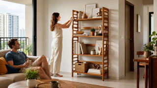 Wooden bookshelf styled in a bright Singapore executive flat living room with clear walkway space and practical home storage.