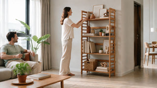 Wooden bookshelf styled in a bright Singapore living room with practical storage, plants, and warm modern decor