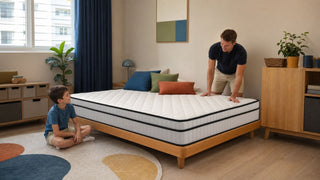 Practical boys bedroom in a Singapore HDB with a white quilted mattress on a low bed frame and family-friendly storage.