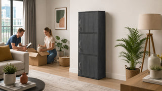 Dark wood storage cabinet in a modern Singapore BTO living room with a family organising folded clothes after key collection