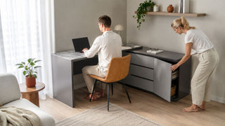 Modern L-shaped study desk with storage in a compact Singapore BTO study corner for a practical home office setup.