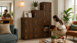 Modular wood cabinet in a modern Singapore living room with storage access for a practical family home setup