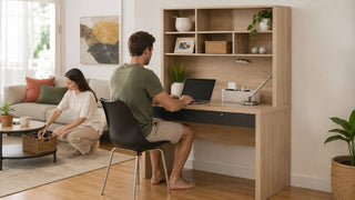 Light oak study desk with cable organiser in a modern Singapore home office for work-from-home storage