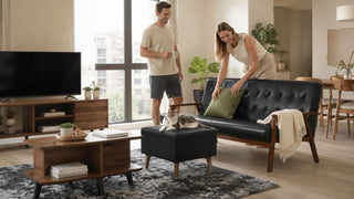 Black cat friendly sofa with matching ottoman in a modern Singapore living room for MegaFurniture