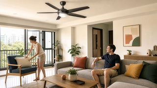 Matte black ceiling fan with light in a modern Singapore HDB living room with a relaxed family seating area.