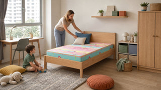 Light wood children's single bed in a compact Singapore BTO room with a parent arranging bedding and smart storage nearby