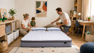 White quilted mattress in a compact Singapore children’s room with parents arranging bedding for a practical HDB layout