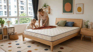 Child’s mattress and wooden bed frame in a compact Singapore condo children’s room with parent and child arranging bedding
