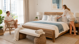 Coastal wooden bed frame with woven headboard styled in a bright Singapore bedroom with practical budget-friendly decor.