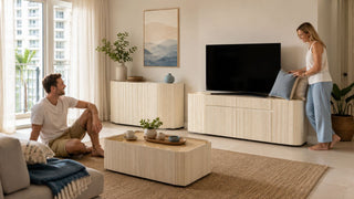 MegaFurniture fluted TV console, side cabinet, and coffee table in a bright coastal Singapore condo living room.