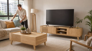 Light wood TV console and matching coffee table in a coastal-style Singapore HDB living room furnished on a budget