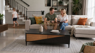 MegaFurniture coffee table in a modern Singapore maisonette living room with clear sofa spacing and family-friendly layout.
