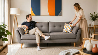 Grey comfort sofa in a modern Singapore living room with a relaxed couple arranging cushions