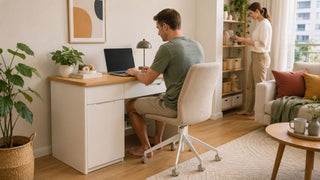 Compact study desk in a modern Singapore home office with a work-from-home setup and warm practical living room styling