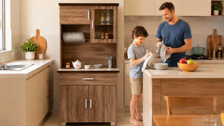 Wooden kitchen cabinet in a modern Singapore family kitchen with organised dish storage and easy-clean surfaces