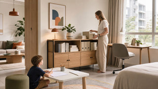 Contemporary study room storage cabinet in a modern Singapore home with a family-friendly homework setup