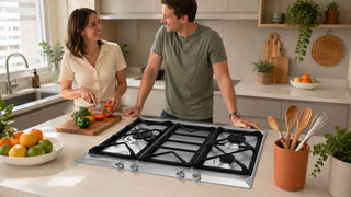 Built-in gas cooker hob in a bright modern Singapore kitchen with a couple preparing a meal