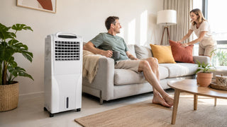 Portable cooling fan in a bright modern Singapore living room with a couple relaxing at home