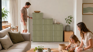 Corner cabinet in a modern Singapore living room with a family using the storage area in a practical home layout