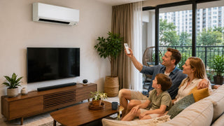 White wall-mounted aircon in a modern Singapore living room with family using a remote control