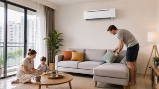 Wall-mounted aircon in a modern Singapore living room with a family relaxing around a grey sectional sofa.