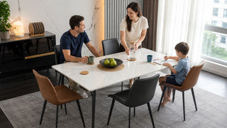 Modern dining table in a Singapore condo with coasters and a family protecting the tabletop from aircon condensation