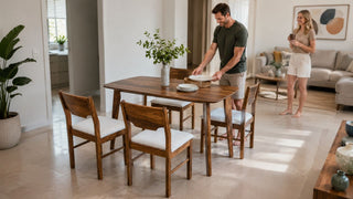 Wooden dining table set arranged with clear walking space in a modern 5-room HDB dining area.