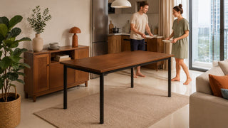 Wooden dining table in a compact Singapore condo dining area with a couple preparing plates near the kitchen for a shoebox unit layout
